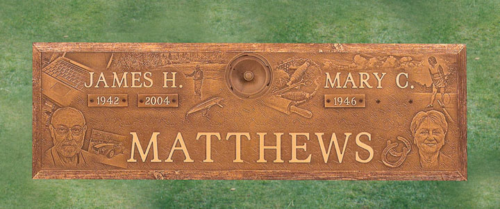 Double bronze montage marker with two portraits and etched objects across the plate